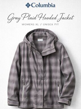 Columbia Gray Plaid Hooded Jacket Womens XL Lightweight Coat